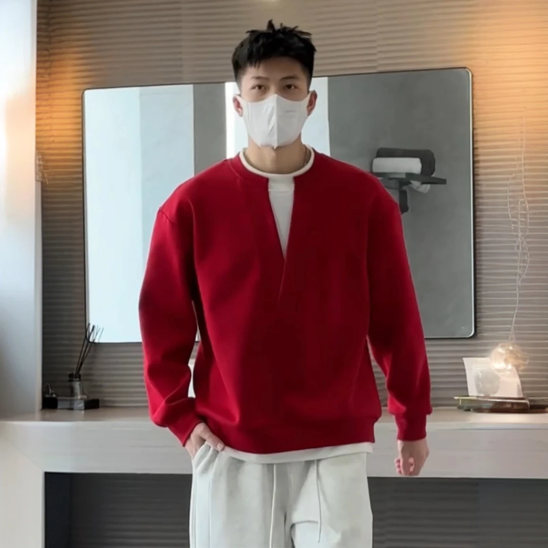 殿若假两件撞色拼接圆领长袖卫衣楠T恤打底衫小众设计感韩系潮流