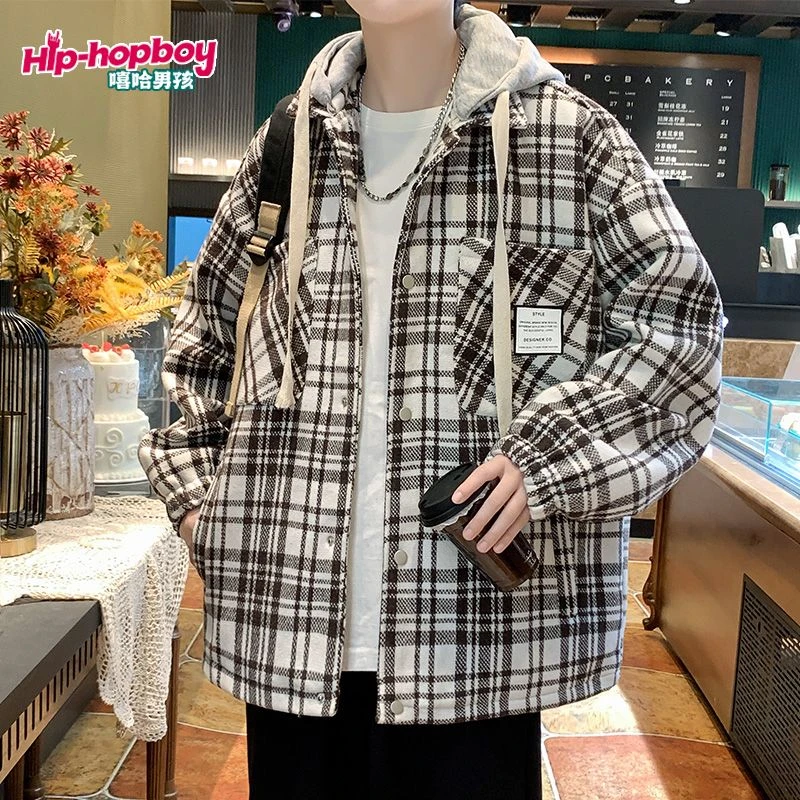 外套男春秋季可拆卸连帽青少年学生潮牌潮流港风宽松格子夹克衣服