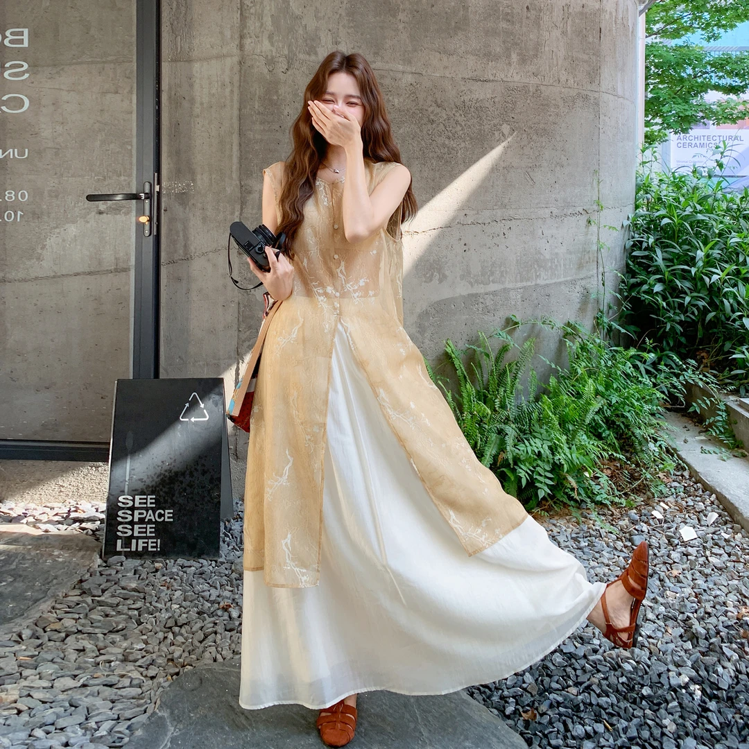 新中式轻国风长款印花上衣套装裙女2025夏季新款高腰半身裙两件套