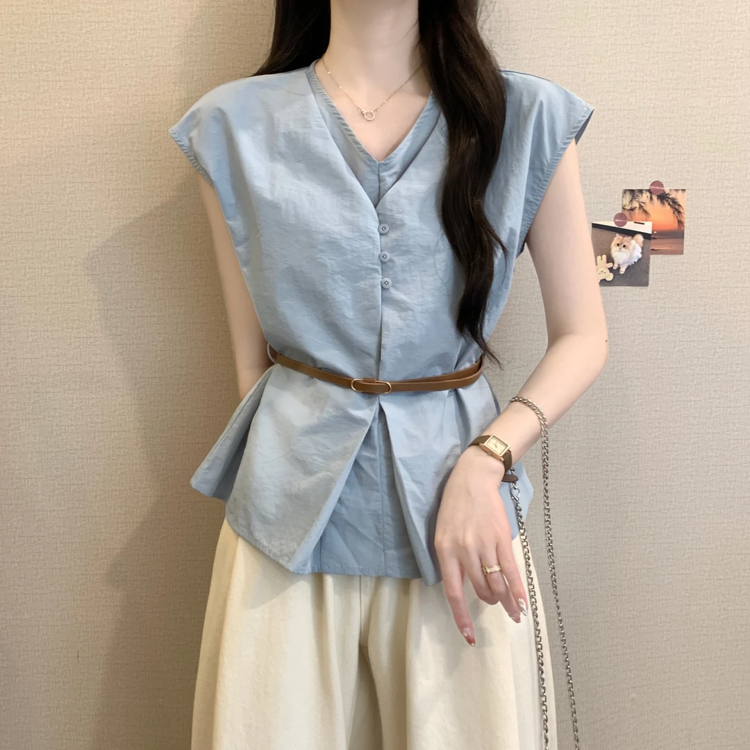 大码法式别致假两件短袖衬衫女2025新款夏季微胖妹妹遮肉显瘦上衣