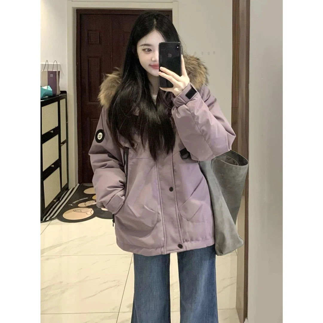 派克服棉服女款2025新款冬季连帽大毛领工装加绒加厚紫色棉衣外套