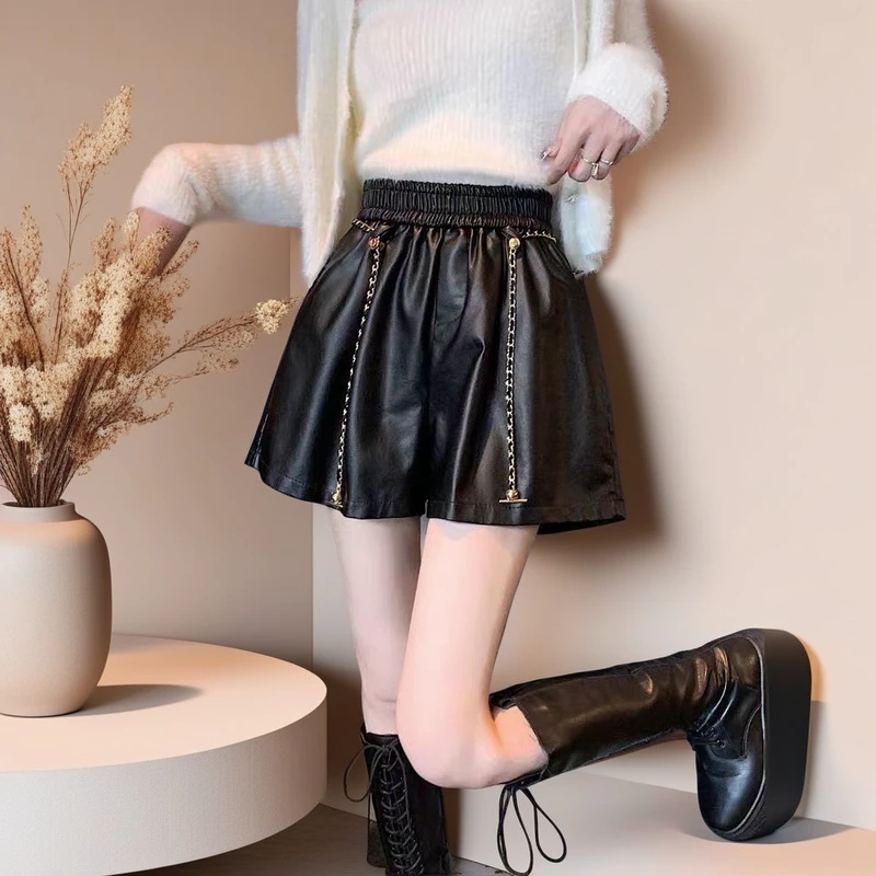 A秋冬新款高腰A字型PU皮短裤女外穿宽松显瘦打底裤