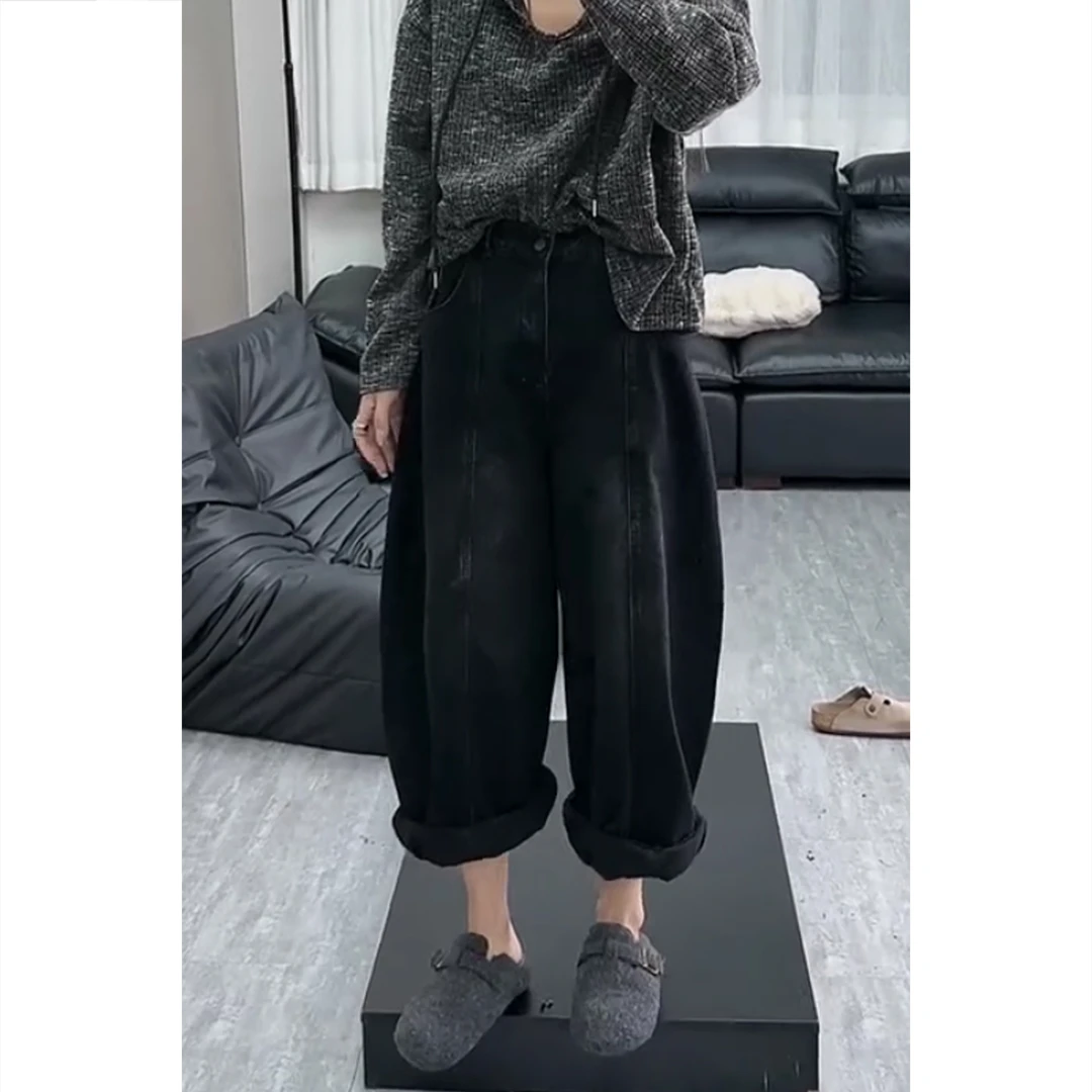艾塔莉秋季女韩版牛仔裤宽松大码显瘦阔腿裤水洗高腰拼接弯刀长裤