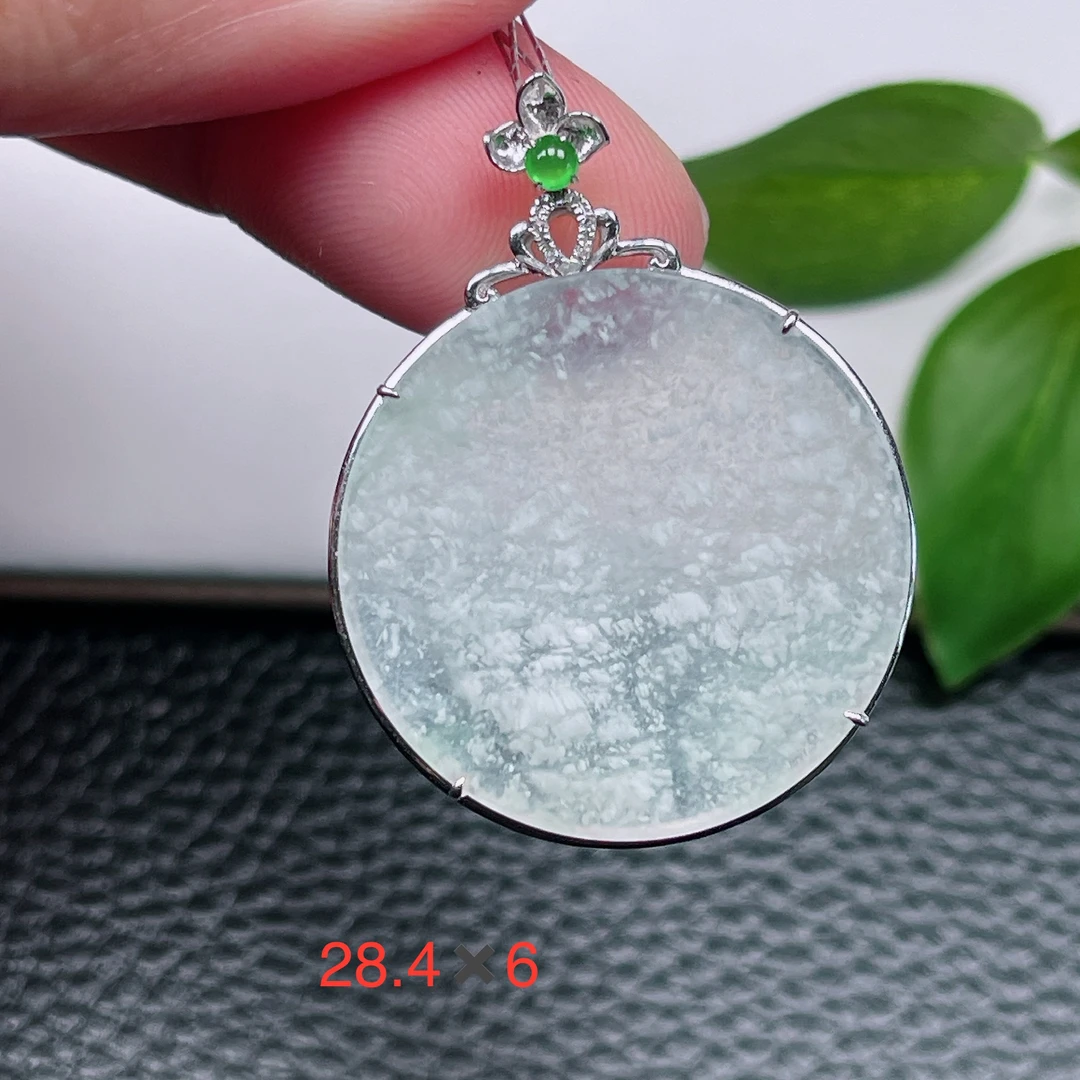 天然缅甸翡翠A货～冰种白月光圆无事牌吊坠18k全包雪花棉圆挂件15