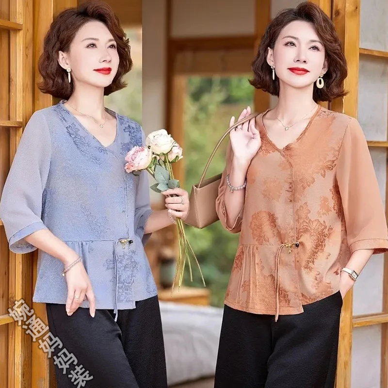 母亲节妈妈夏装国风上衣小衫2025新款洋气中老年女新中式两件套装