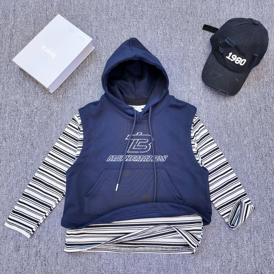 【小哥童装】男童连帽拼接马甲长袖两件套韩版百搭条纹中大童825007