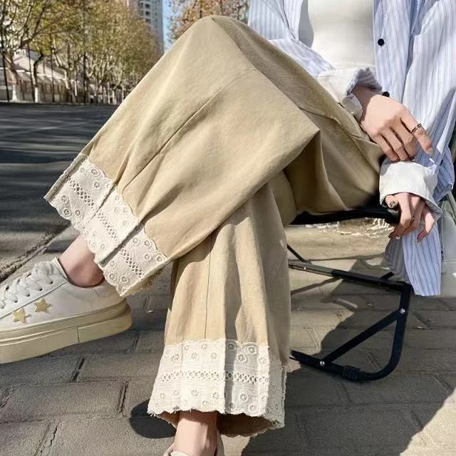 蕾丝花边拼接阔腿裤女春季高腰显瘦小个子直筒九分休闲奶奶裤V332