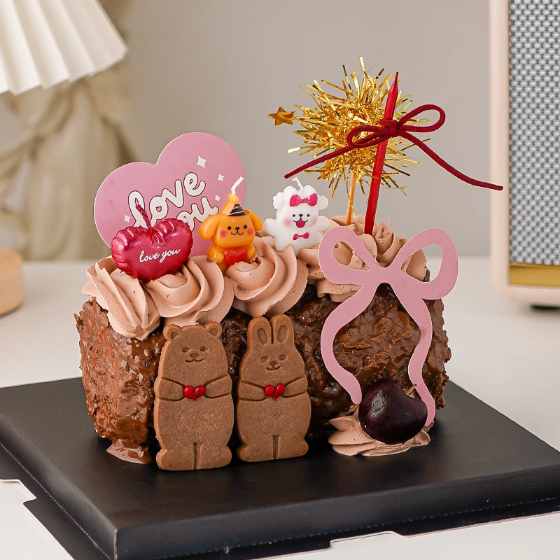 七夕情人节蛋糕装饰熊兔饼干蝴蝶结情侣表白love you爱心卡片装扮