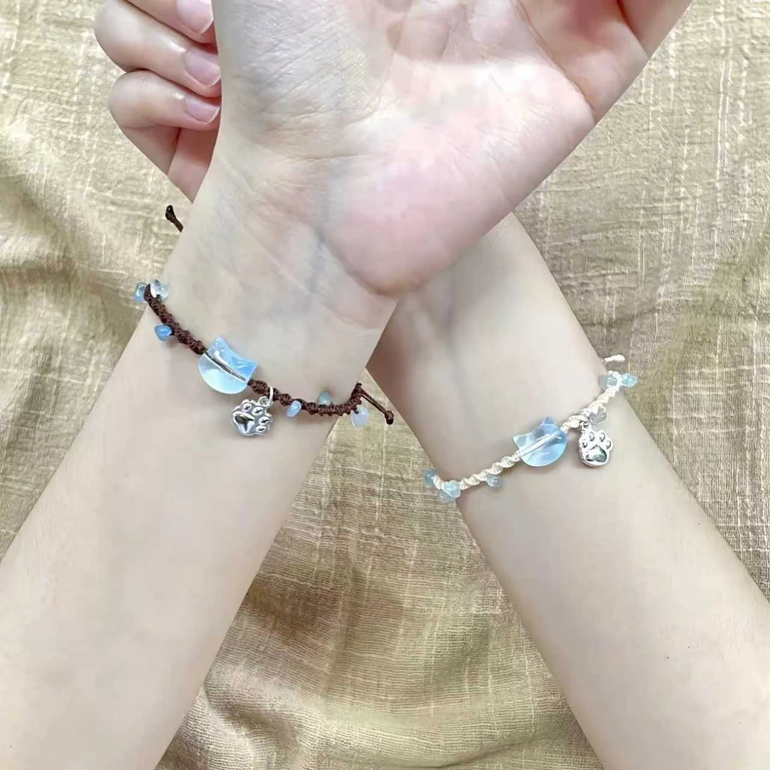 合金仿水晶手链 七夕情侣小猫咪女手工编织小众简约清新甜美少女