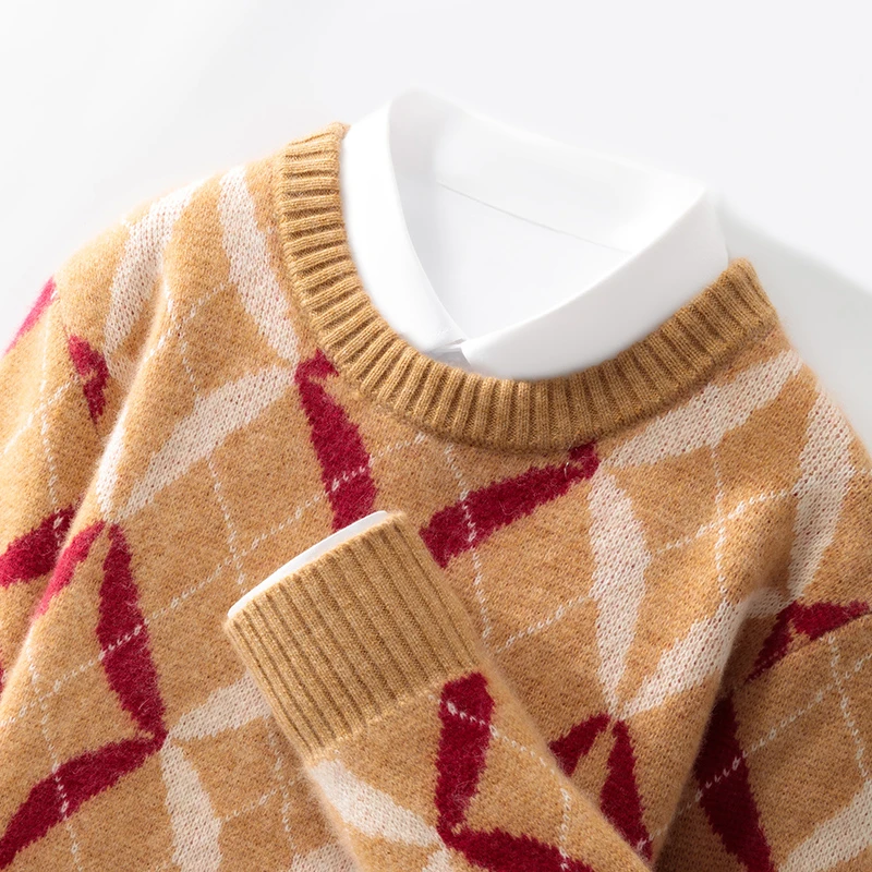 精工细做七针加厚！秋冬新款100澳洲羊毛衫男圆领菱形拼色百搭打底