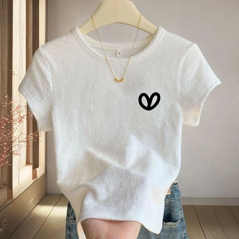 竹节棉薄款印花T恤女士2025夏季新款小个子简约白色短款圆领上衣