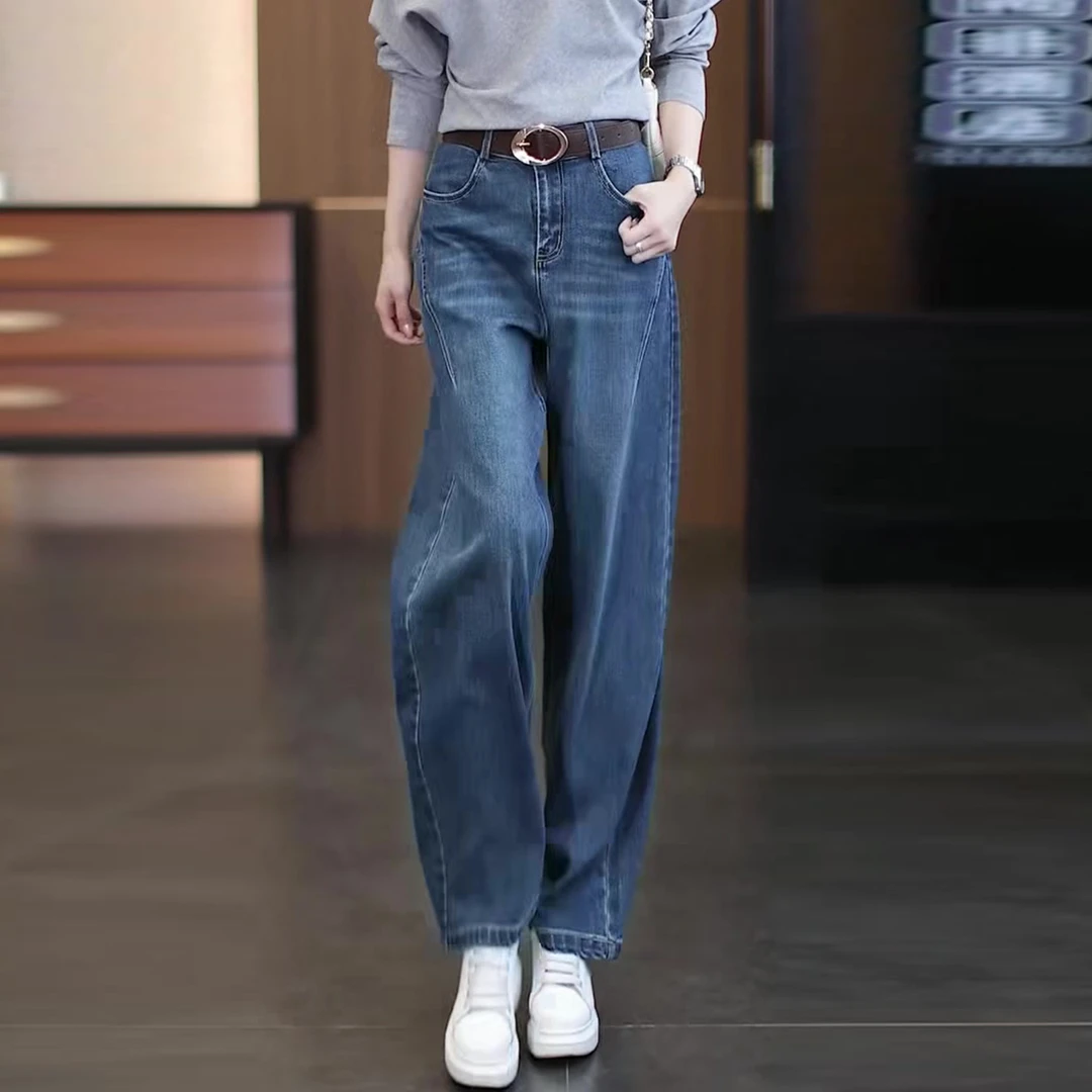 弯刀牛仔裤女2025年春秋季新款大码梨型身材高腰显瘦蓝色阔腿裤子