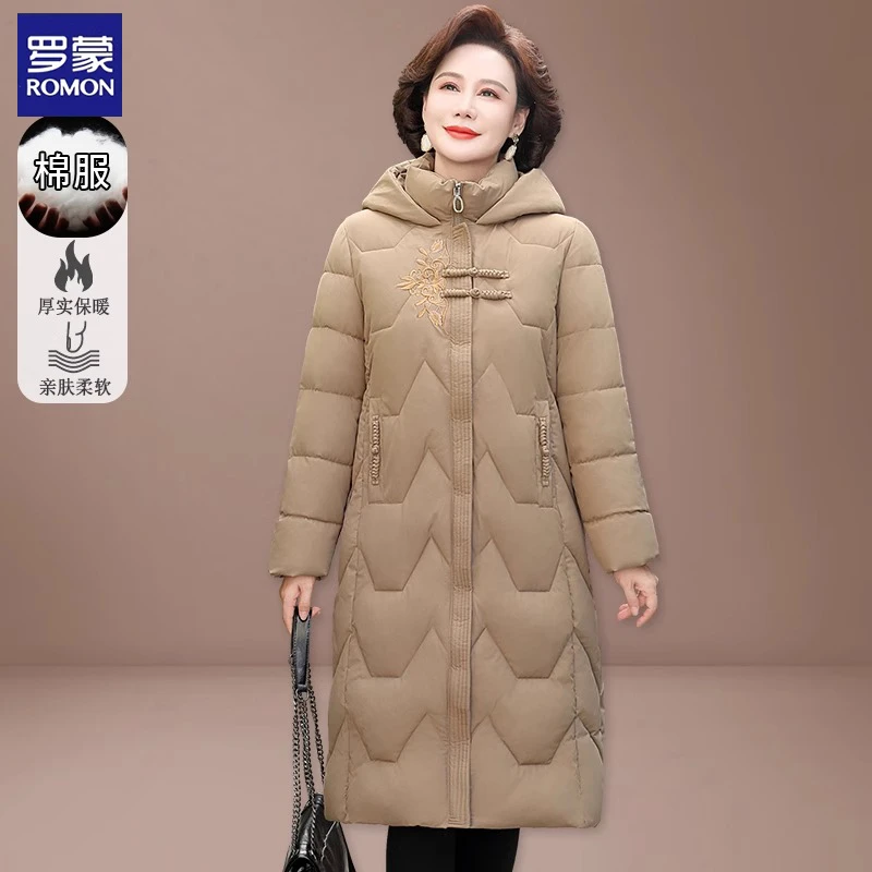 罗蒙棉服女冬季妈妈过膝长款中老年女式秋冬棉衣外套新款加厚棉袄