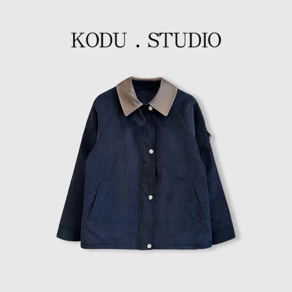 【刻度KODU】05-5954冬季韩版巴恩风复古翻领拼接条绒A字廓形棉服