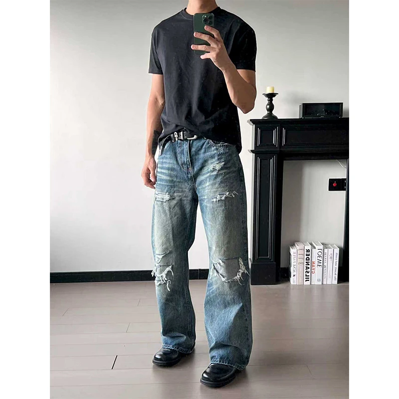 Holdup美式高街破坏补丁水洗猫须牛仔裤男女潮牌宽松直筒vibe裤子