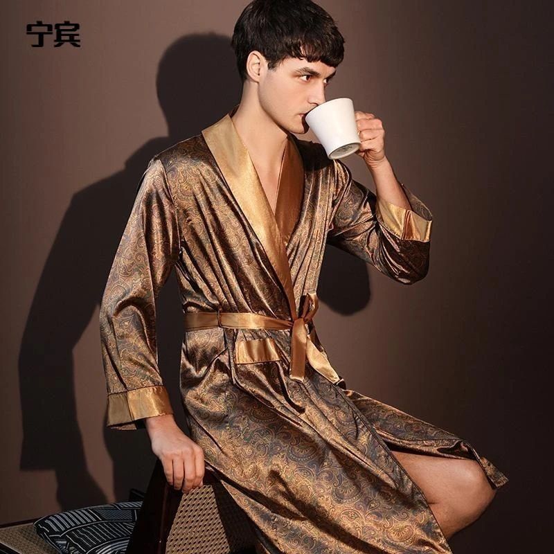 【香港Victoria&宁宾官方正品】冰丝睡袍男款夏季薄款中长款大码