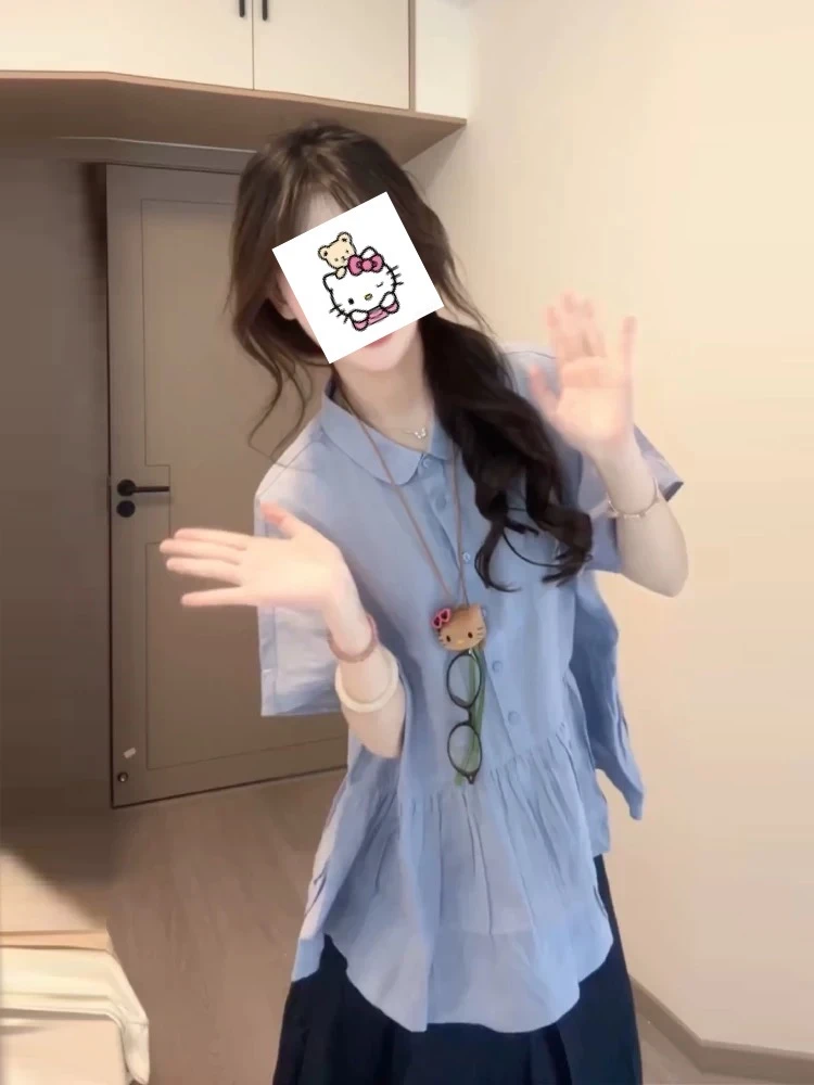 25072韩系复古学院短袖宽松衬衫上衣学生搭配高腰半身裙套装穿搭