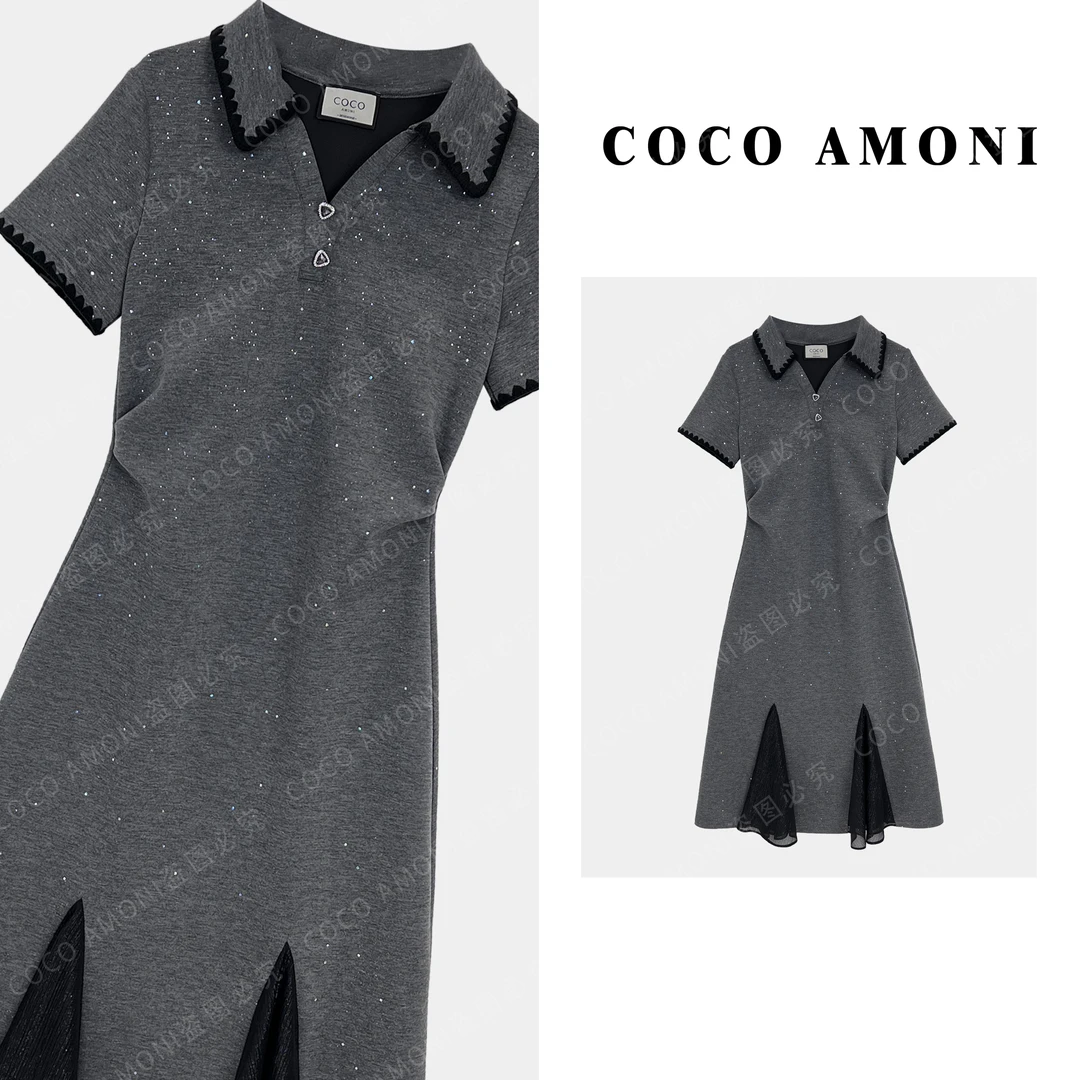 {曼姐}高级设计师女装拼接重工褶皱收腰显瘦气质连衣裙AC348