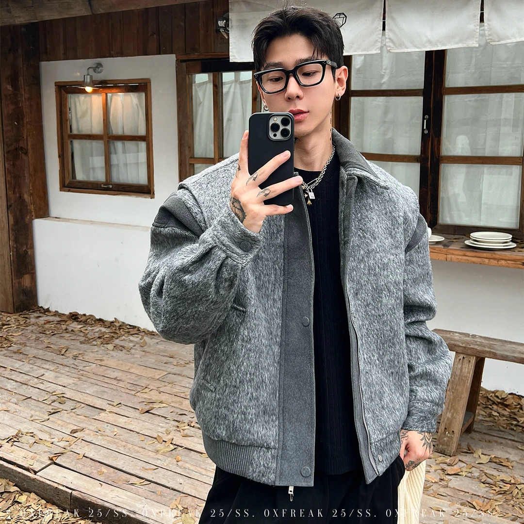 OXFREAK「撞色拼接 羊毛混纺」老钱风流苏夹克棉服男冬季保暖外套