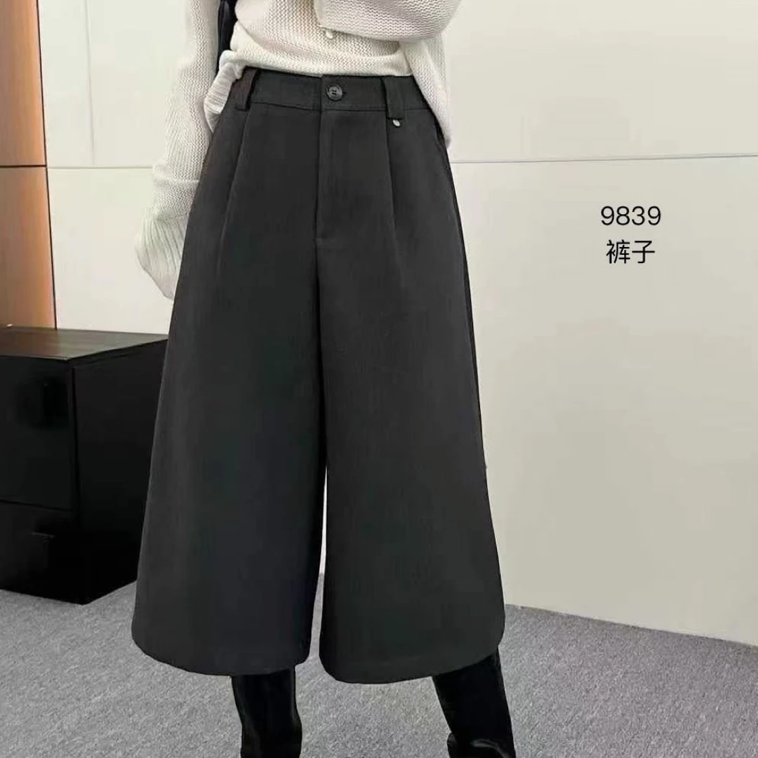 9839 秋冬新款高腰显瘦加厚毛呢八分阔腿裤女宽松直筒休闲洋气