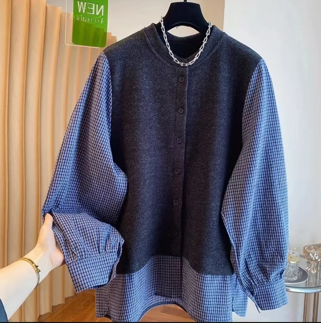 2025新款韩系设计慵懒衬衫女高级感拼接衬衫时尚长袖百搭休闲