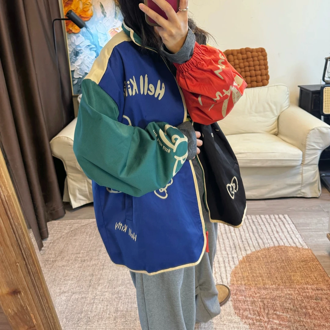 越看越喜欢的款！韩国东大门哈喽小猫咪印花撞色时髦宽松休闲外套
