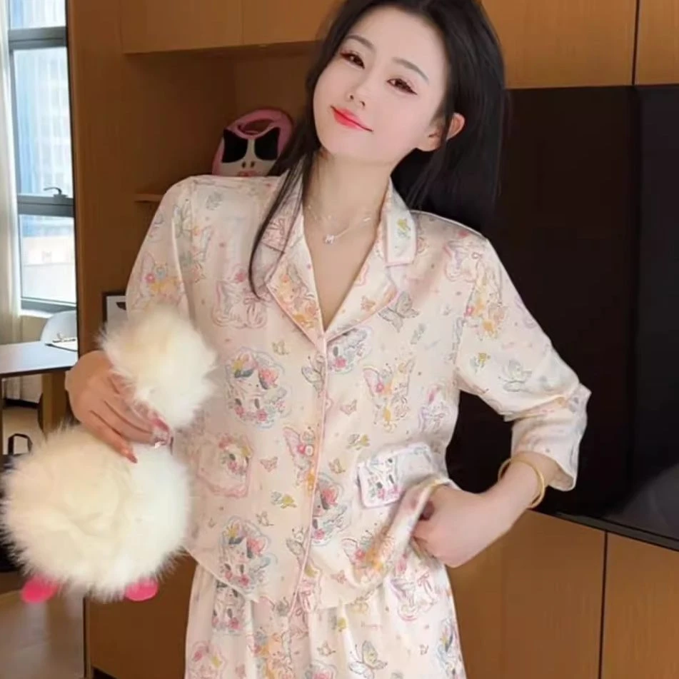 甜美少女可爱冰丝蝴蝶猫咪印花睡衣少女春秋薄款纯欲家居服套装