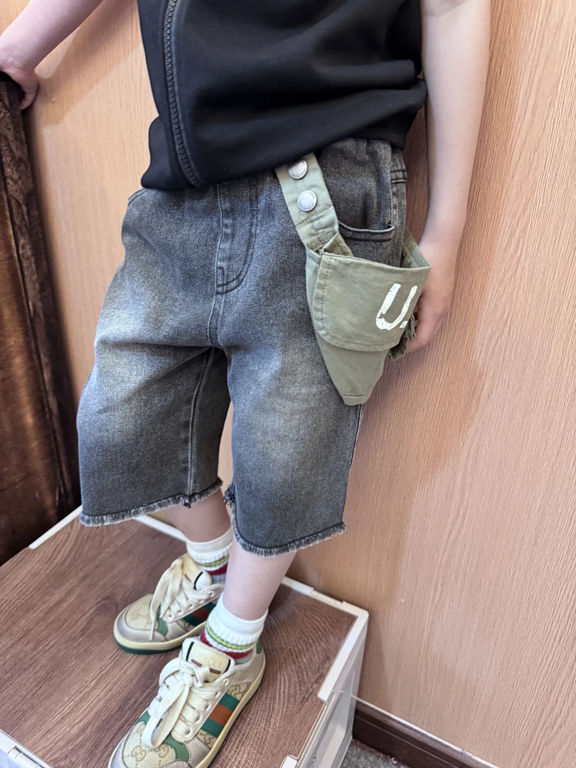 令佳潮牌儿童时尚立体口袋洗水柔软五分牛仔裤小童宝宝2698裤子