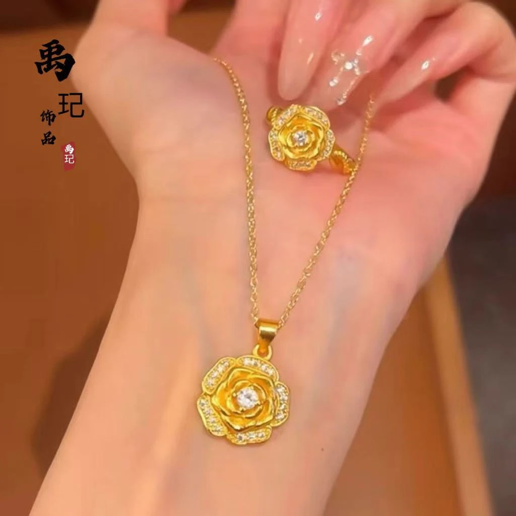 铜合金项链 玫瑰花项链气质轻奢小众高级感金色女款复古中国风ins