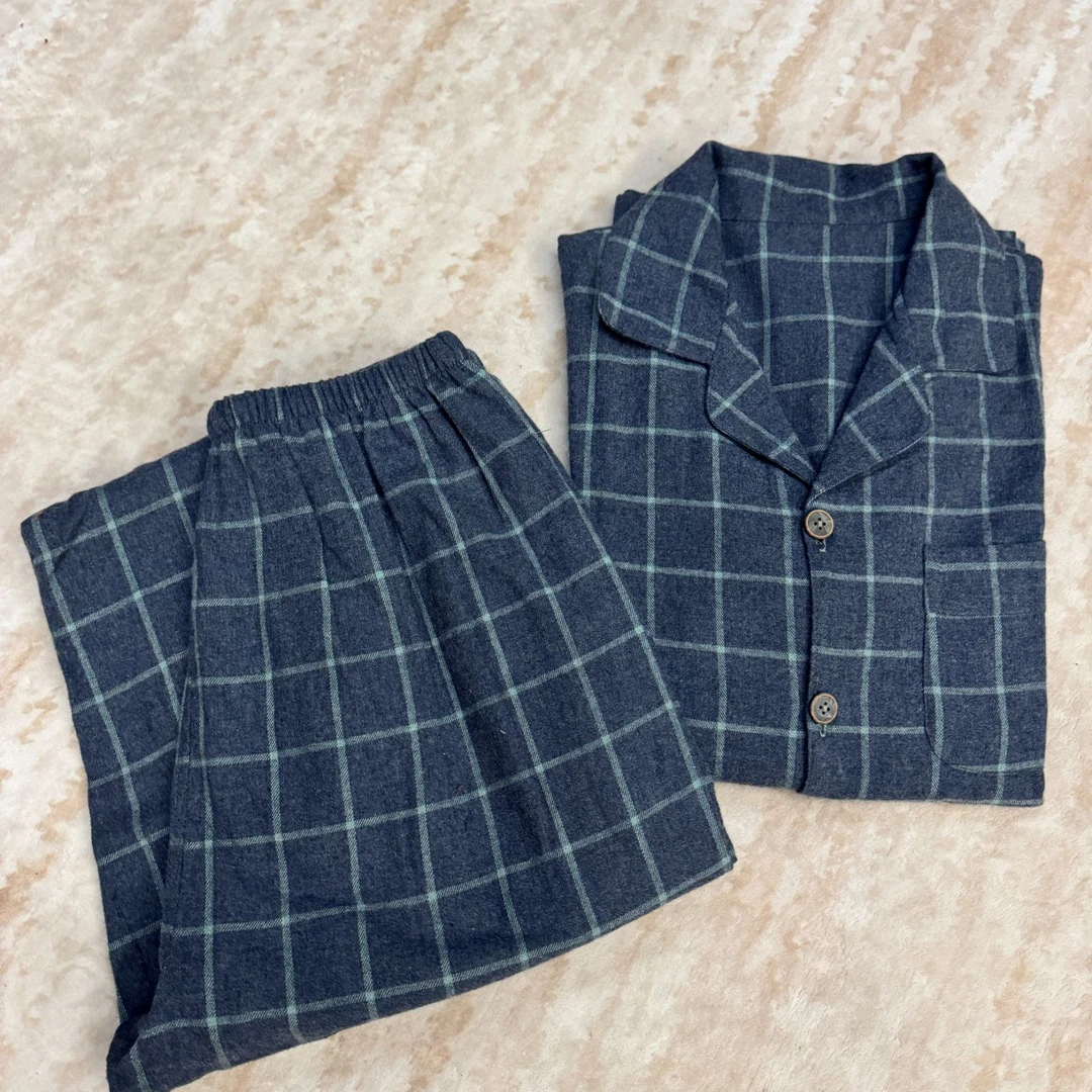 男生春夏季全棉磨毛长袖长裤格子睡衣套装纯棉色织秋冬家居服