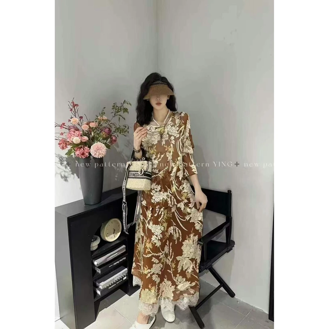 KIKI严选：39803-丽家欧洲站南油夏季印花蕾丝上衣半身裙两件套装