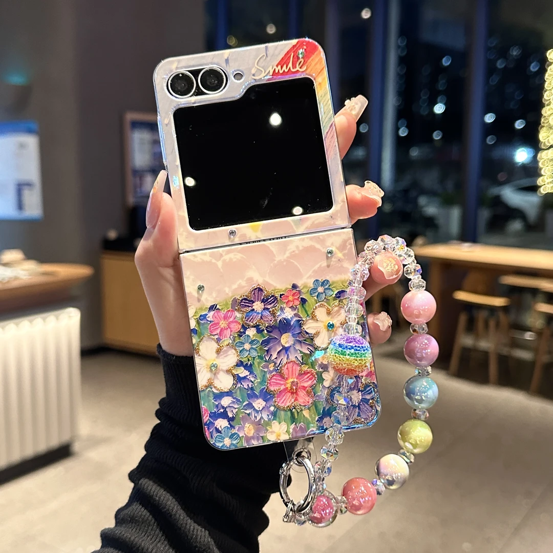 适用三星Galaxyzflip6蓝光点钻zflip5高级油画彩虹花海折叠手机壳