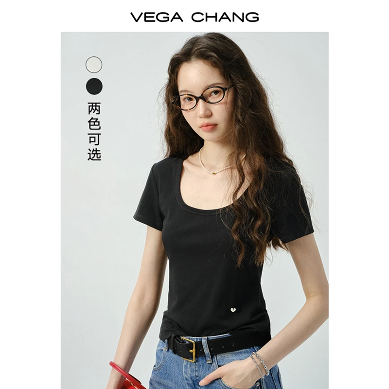 VEGA CHANG短袖女t恤2025新款夏通勤百搭方领修身正肩上衣0374LW