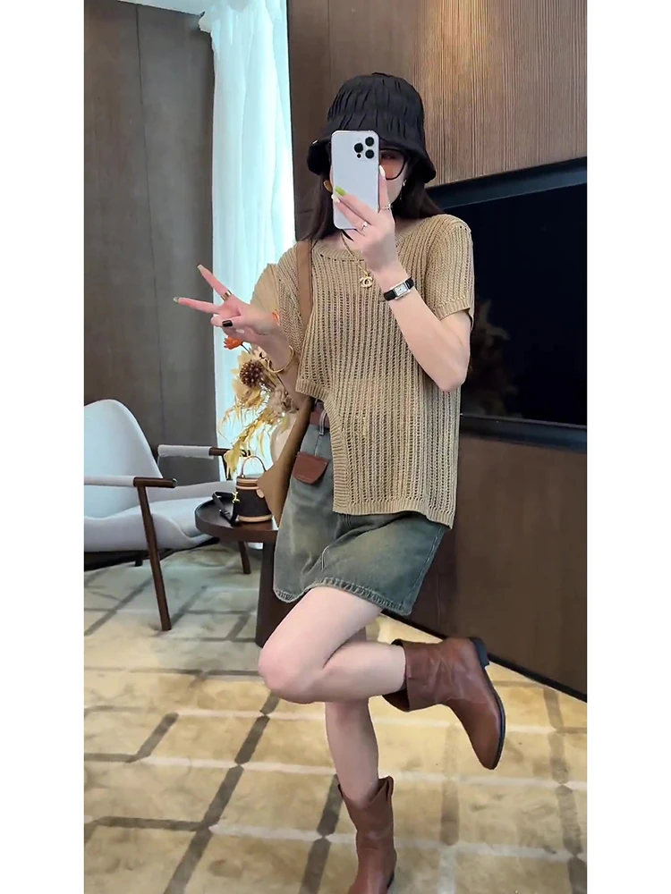 夏装搭配一整套时尚不规则镂空短袖针织衫牛仔裙网红2025炸街套装