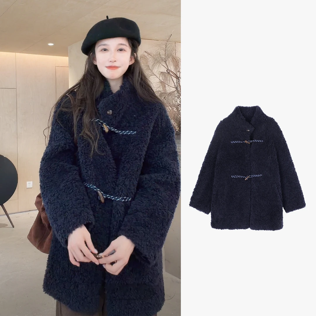 Z.blues【贵千金·墨蓝】天然卷曲颗粒牛角扣羊毛外套YZPYLZ0361