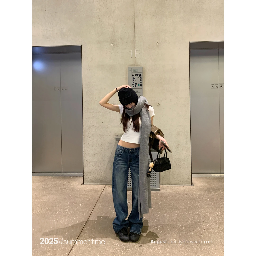 SUNONEONE 美式复古水洗低腰牛仔裤女早秋宽松直筒休闲裤子H1325K