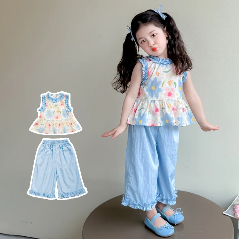 女童夏季背心套装2025新款洋气时髦儿童宝宝夏装花边阔腿裤两件套