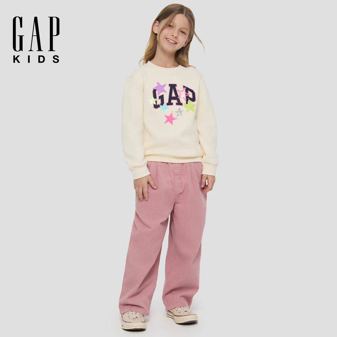 Gap女童2025秋冬新款logo翻转亮片抓绒宽松套头卫衣儿童装805321