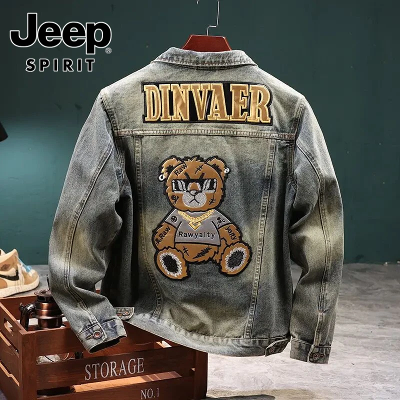 jeep吉普设计小熊刺绣牛仔外套男士春季新款高端水洗夹克男上衣男