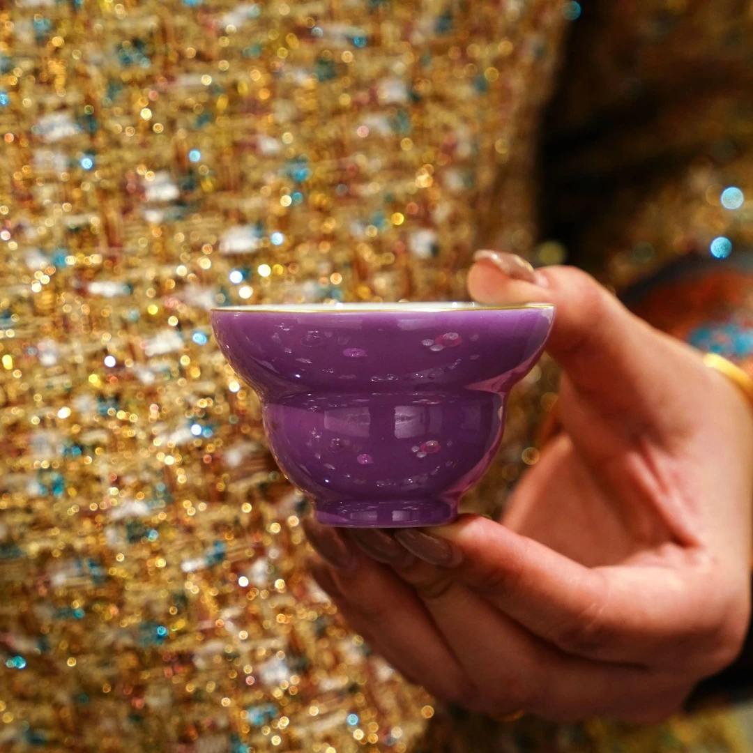 合吾描金汝窑紫葫芦杯陶瓷茶具中式茶道主人杯银茶杯品茗杯紫色