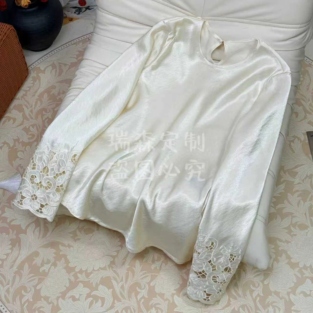 333 南油高定圆领糖果色长袖蕾丝刺绣T恤上衣-胸围98-衣长62