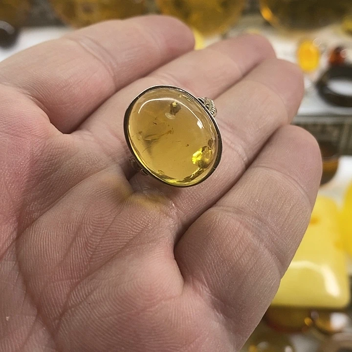 琥珀裸石银S925镶嵌戒指