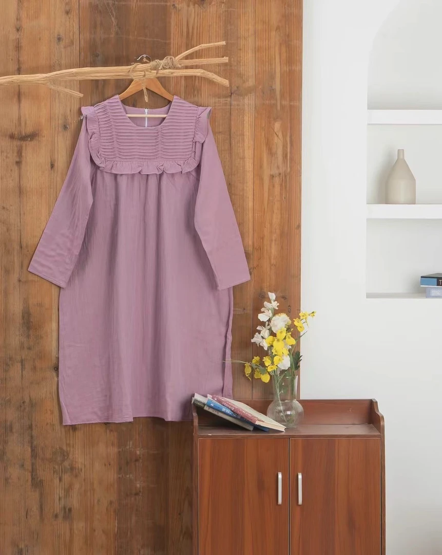 【塔可-睡裙】双层纱全棉 韩版方点荷叶条纹 塔克工艺长袖睡裙