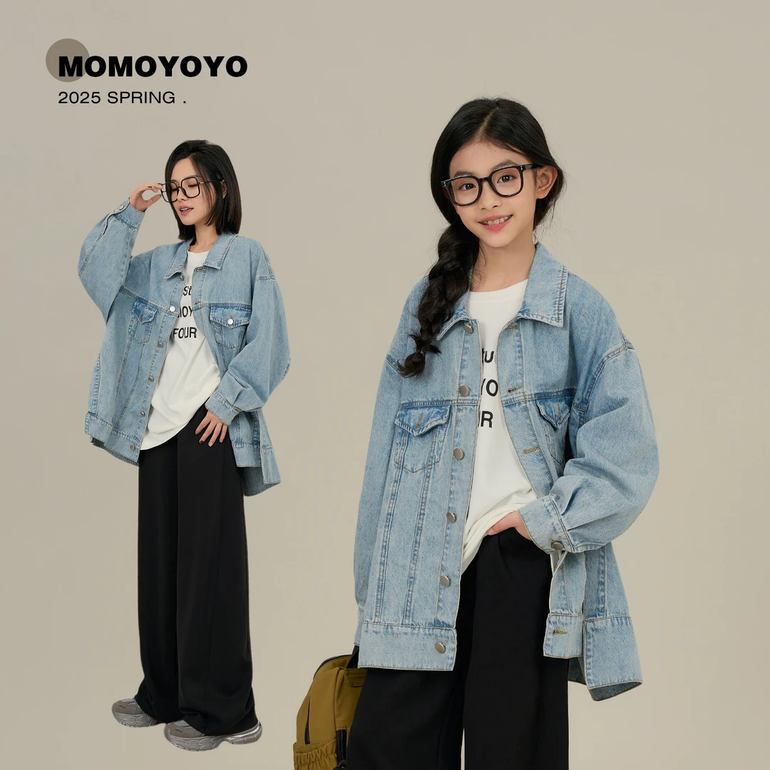 辰辰妈【蓝调】洋气女童翻领洗水落肩宽松潮流亲子软牛仔外套7572D