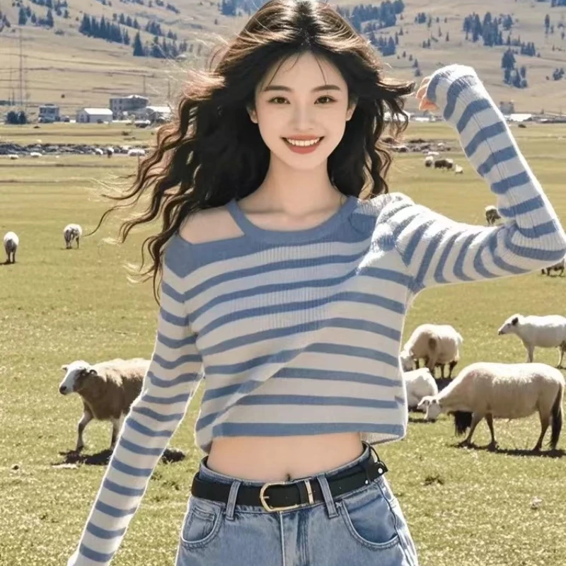 时髦洋气条纹长袖高腰针织衫毛衣秋季女装新款短款修身打底衫上衣