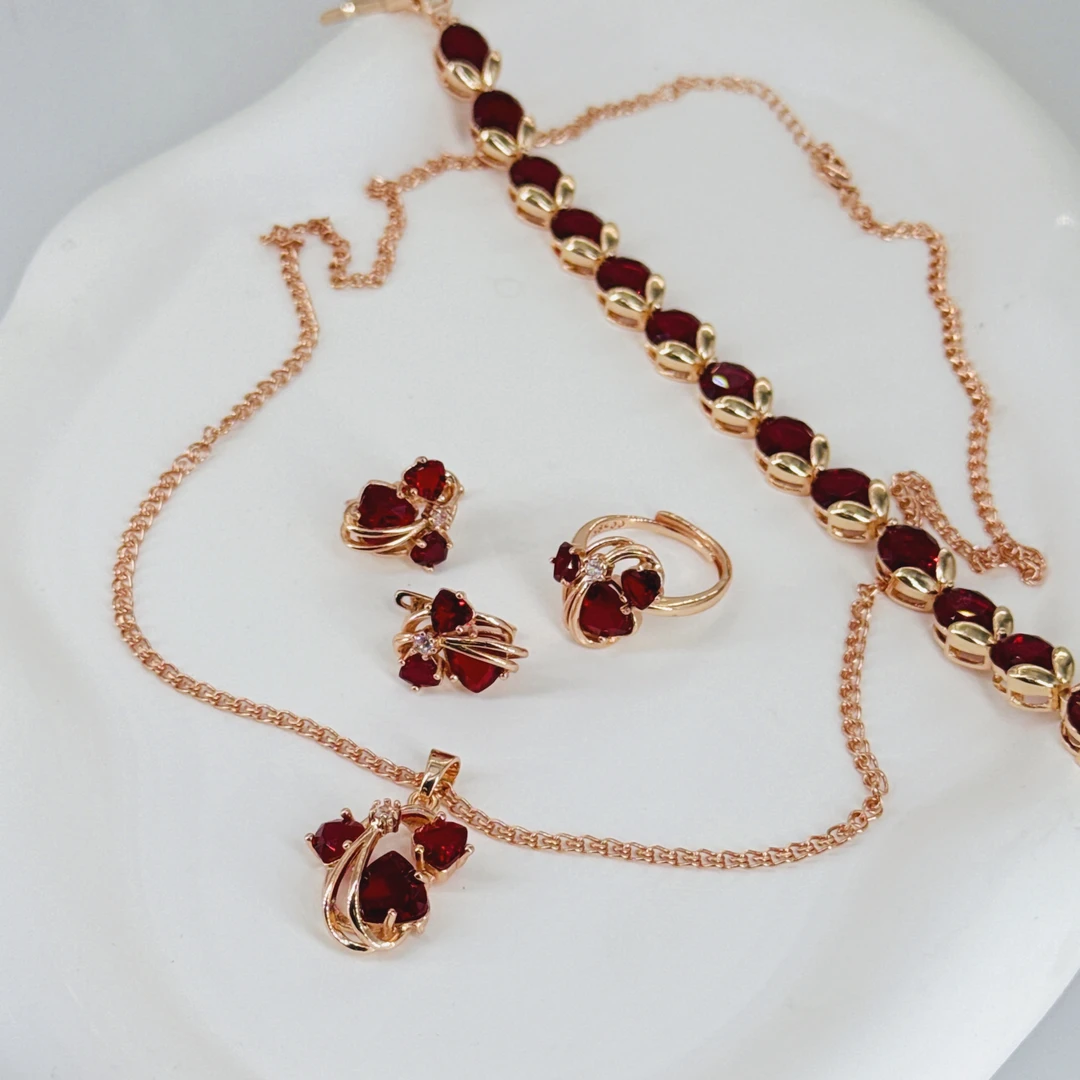 铜合金锆石项链 铜合金项链红色饰品锁骨链新款爆款四件套装585