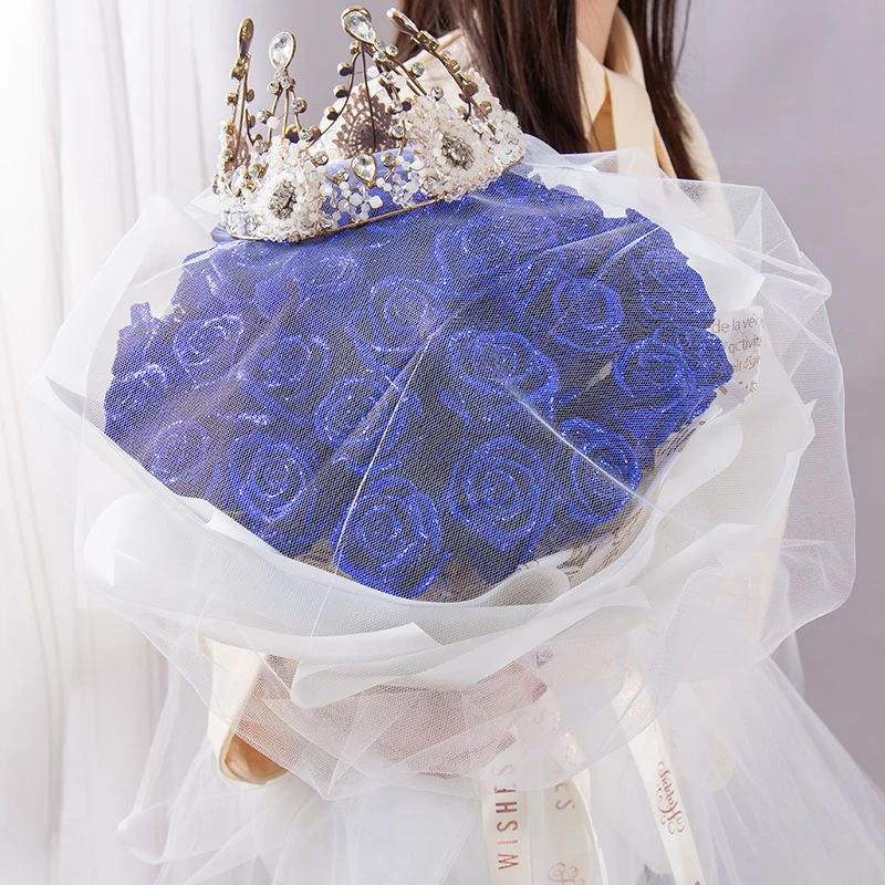 【蓝色妖姬】鲜花店33枝蓝色妖姬搭配1个皇冠白纱款系列鲜花花束永生花同城鲜花店送花配送上门