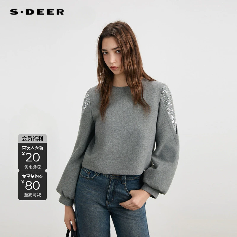 S·DEER气质秋冬复古长袖针织衫女士微胖打底圆领上衣S253Z2207