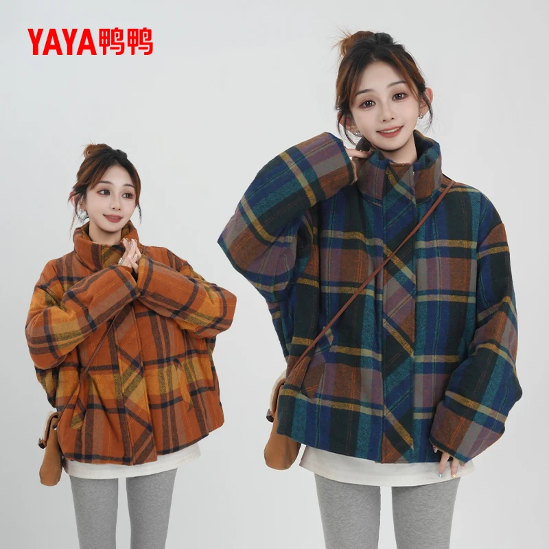 YAYA/鸭鸭羽绒服女短款冬季时尚格纹韩版百搭保暖外套YE4B622641E