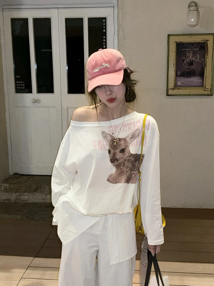 别致斜肩花灰印花小鹿纯棉T恤女下衣失踪宽松长袖防晒上衣